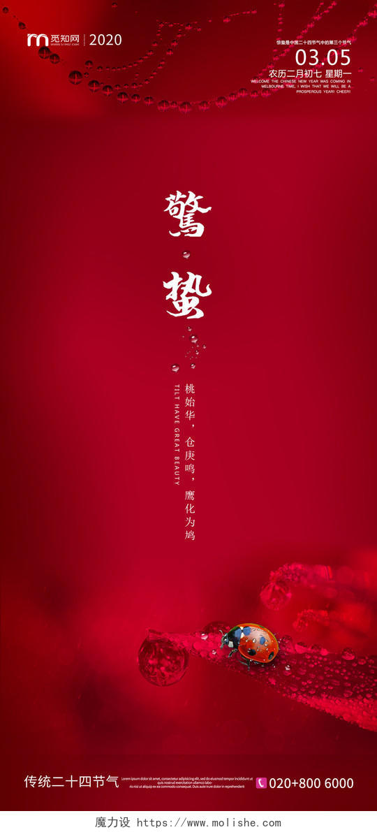 红色简约风中国传统24节气惊蛰手机海报